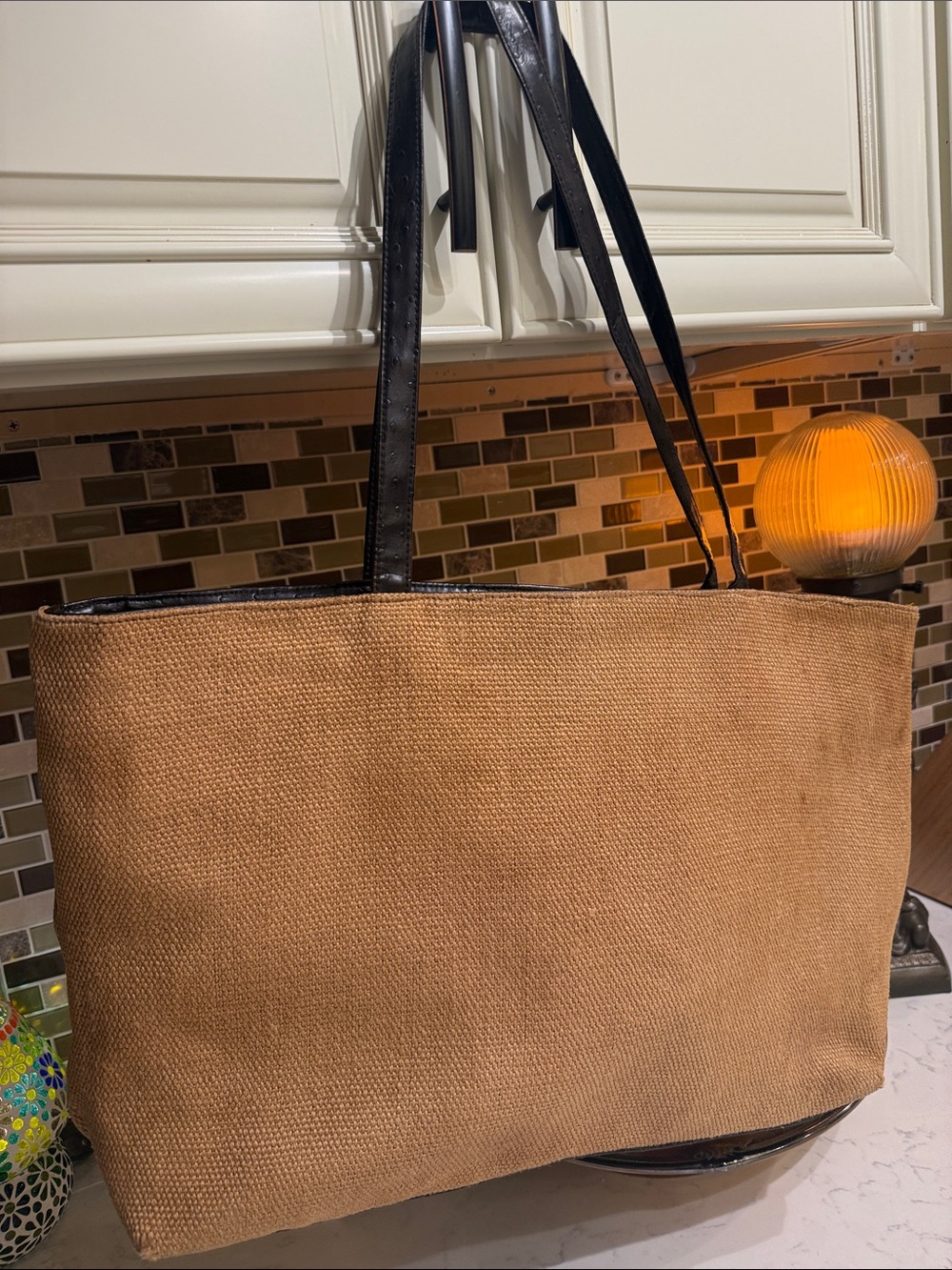Minimal Woven Tote Bag in Camel with Black Handles    Bueno is the Bag